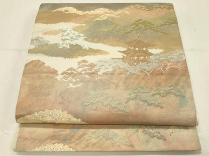 平和屋着物◎西陣 服部織物謹製 六通柄袋帯 こはく錦 風景文 金銀糸 手工芸 正絹 逸品 DABC9968qp