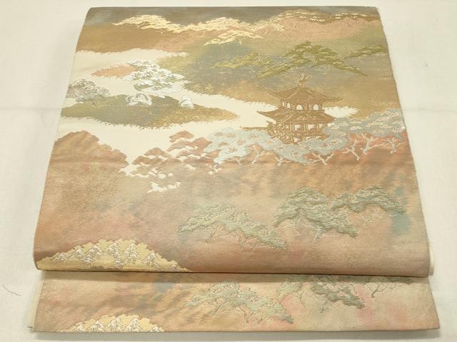 平和屋着物◎西陣 服部織物謹製 六通柄袋帯 こはく錦 風景文 金銀糸 手工芸 正絹 逸品 DABC9968qp
