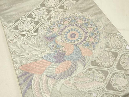 平和屋着物◎六通柄袋帯 唐織 九百錦 孔雀花文 プラチナ箔 正絹 逸品 DABC9970qp