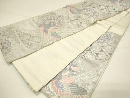 平和屋着物◎六通柄袋帯 唐織 九百錦 孔雀花文 プラチナ箔 正絹 逸品 DABC9970qp