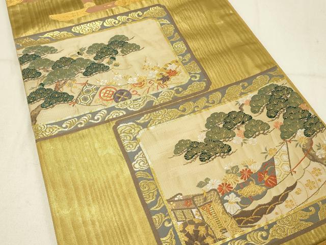 平和屋着物◎六通柄袋帯　手織　舞　衝立花松文　金糸　引箔　正絹　逸品　DABC9976qp