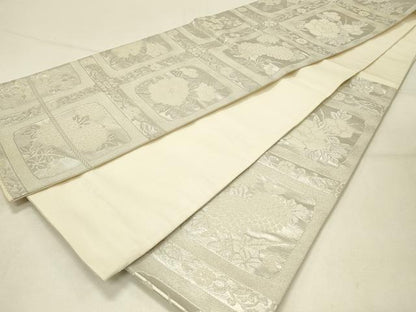 平和屋着物◎六通柄袋帯 格子花文 銀糸 正絹 逸品 DABC9988qp