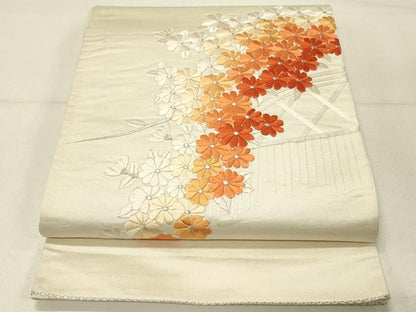 平和屋着物◎太鼓柄袋帯　駒刺繍　総刺繍　籬花文　銀糸　正絹　逸品　DABC9997qp