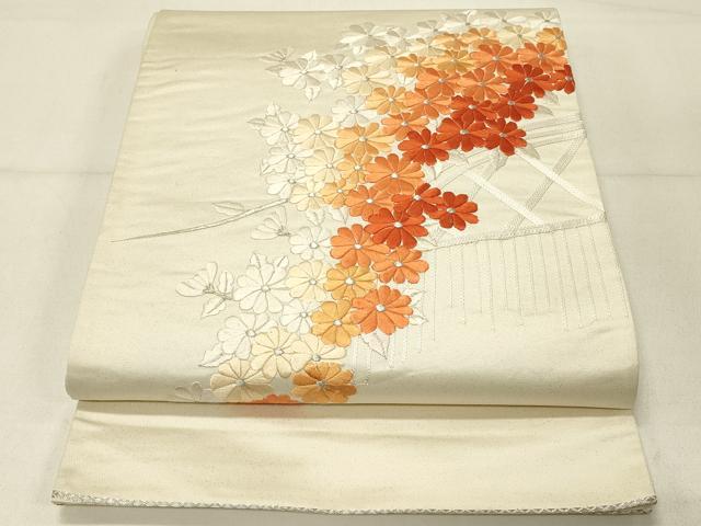 平和屋着物◎太鼓柄袋帯　駒刺繍　総刺繍　籬花文　銀糸　正絹　逸品　DABC9997qp
