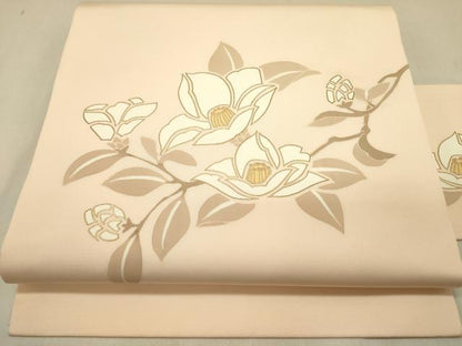 平和屋着物●塩瀬　九寸名古屋帯　草花　金彩　正絹　逸品　DABD0003op
