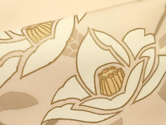 平和屋着物●塩瀬　九寸名古屋帯　草花　金彩　正絹　逸品　DABD0003op
