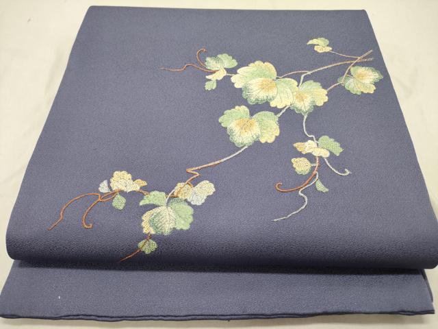平和屋着物●太鼓柄京袋帯　総刺繍　蔦の葉文　銀糸　正絹　逸品　DABD0007op