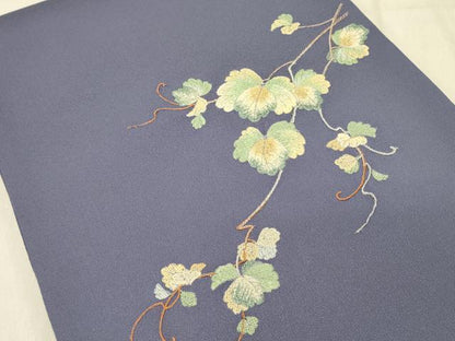 平和屋着物●太鼓柄京袋帯　総刺繍　蔦の葉文　銀糸　正絹　逸品　DABD0007op