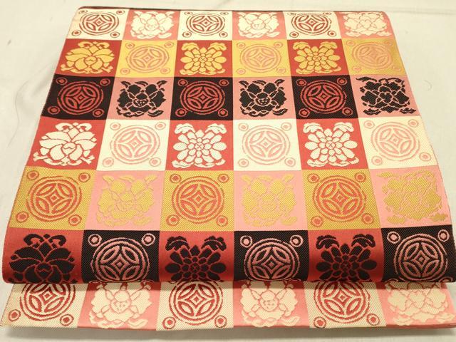 平和屋着物●全通柄袋帯　市松花文　遠州七宝　正絹　逸品　DABD0008op