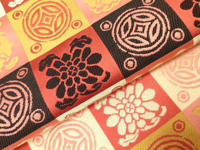 平和屋着物●全通柄袋帯　市松花文　遠州七宝　正絹　逸品　DABD0008op