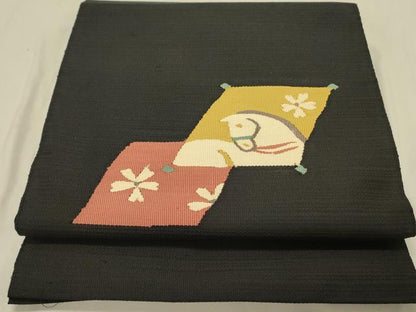 平和屋着物●八寸名古屋帯　すくい織　馬　舞桜　黒地　正絹　逸品　DABD0011op