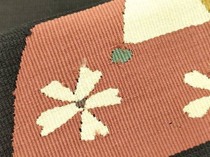 平和屋着物●八寸名古屋帯　すくい織　馬　舞桜　黒地　正絹　逸品　DABD0011op
