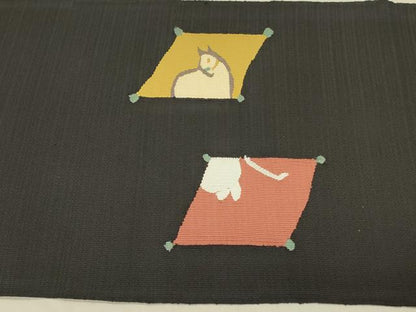 平和屋着物●八寸名古屋帯　すくい織　馬　舞桜　黒地　正絹　逸品　DABD0011op