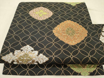 平和屋着物●九寸名古屋帯　花菱文　黒地　金糸　正絹　逸品　DABD0014op