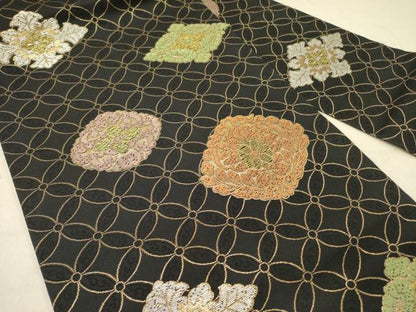 平和屋着物●九寸名古屋帯　花菱文　黒地　金糸　正絹　逸品　DABD0014op
