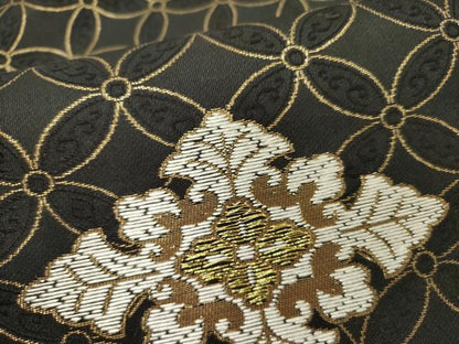 平和屋着物●九寸名古屋帯　花菱文　黒地　金糸　正絹　逸品　DABD0014op
