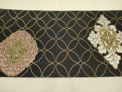 平和屋着物●九寸名古屋帯　花菱文　黒地　金糸　正絹　逸品　DABD0014op