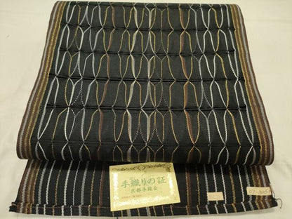 平和屋着物●六通柄袋帯　手織　もじり織　幾何学文様　黒地　金糸　上代78万　反端付き　正絹　逸品　DABD0016op