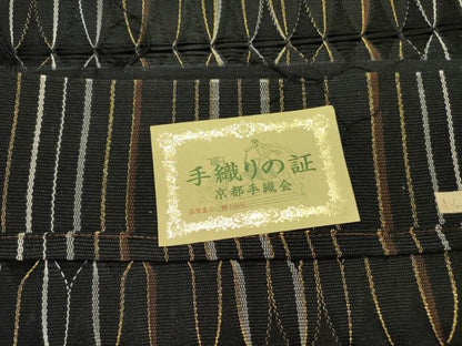 平和屋着物●六通柄袋帯　手織　もじり織　幾何学文様　黒地　金糸　上代78万　反端付き　正絹　逸品　DABD0016op