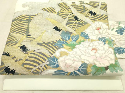 平和屋着物●爪掻き本綴れ　八寸名古屋帯　飛鶴花文　金銀糸　正絹　逸品　DABD0023op