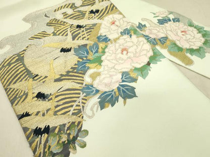平和屋着物●爪掻き本綴れ　八寸名古屋帯　飛鶴花文　金銀糸　正絹　逸品　DABD0023op