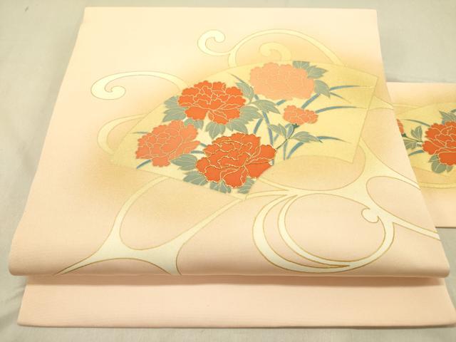 平和屋着物●塩瀬　九寸名古屋帯　駒刺繍　地紙花唐草文　金彩　正絹　逸品　DABD0026op