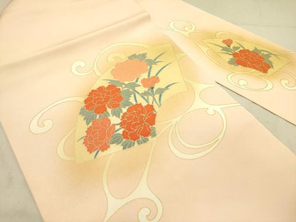 平和屋着物●塩瀬　九寸名古屋帯　駒刺繍　地紙花唐草文　金彩　正絹　逸品　DABD0026op
