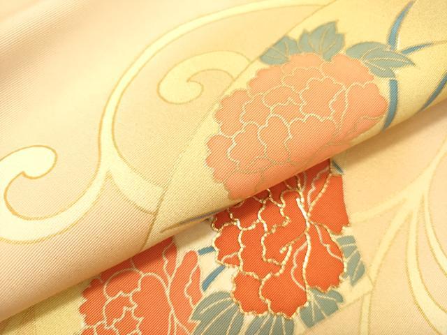 平和屋着物●塩瀬　九寸名古屋帯　駒刺繍　地紙花唐草文　金彩　正絹　逸品　DABD0026op