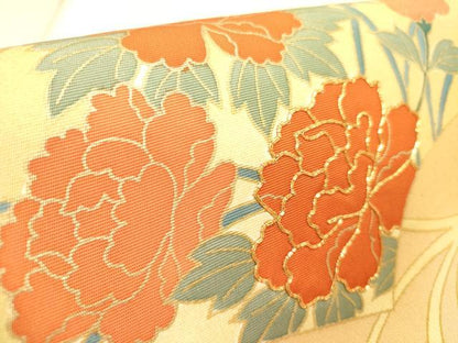平和屋着物●塩瀬　九寸名古屋帯　駒刺繍　地紙花唐草文　金彩　正絹　逸品　DABD0026op