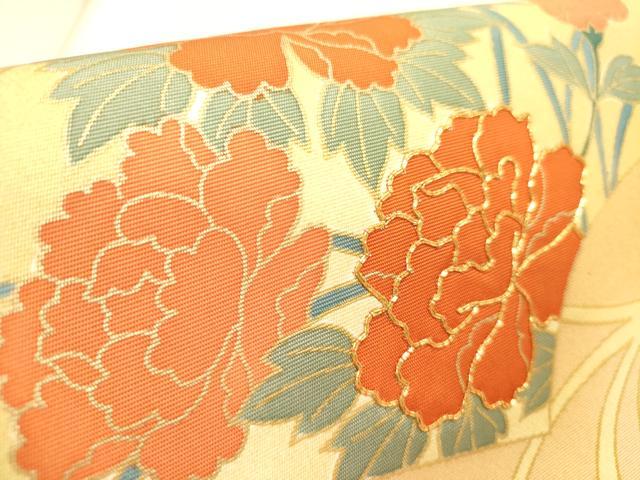 平和屋着物●塩瀬　九寸名古屋帯　駒刺繍　地紙花唐草文　金彩　正絹　逸品　DABD0026op