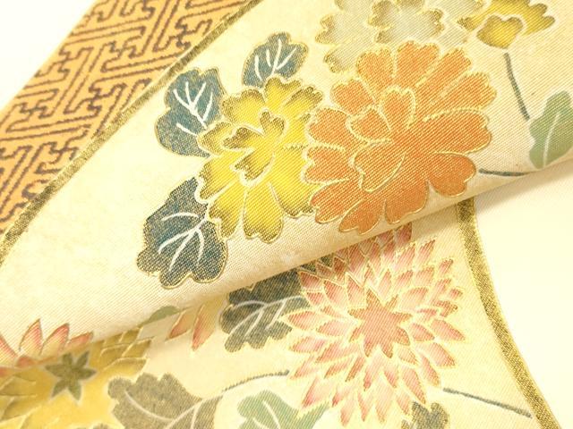 平和屋着物●塩瀬　九寸名古屋帯　地紙花文　金彩　本金箔　正絹　逸品　DABD0029op