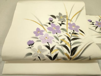 平和屋着物●塩瀬　九寸名古屋帯　作家物　手描き　桔梗　金彩　正絹　逸品　未使用　DABD0031op
