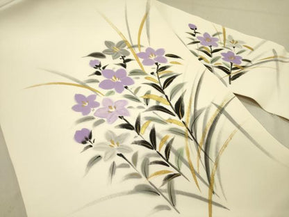 平和屋着物●塩瀬　九寸名古屋帯　作家物　手描き　桔梗　金彩　正絹　逸品　未使用　DABD0031op