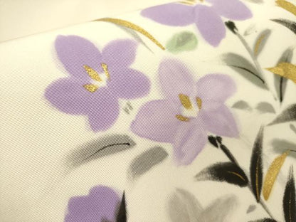 平和屋着物●塩瀬　九寸名古屋帯　作家物　手描き　桔梗　金彩　正絹　逸品　未使用　DABD0031op