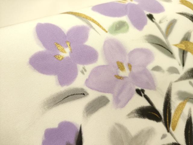 平和屋着物●塩瀬　九寸名古屋帯　作家物　手描き　桔梗　金彩　正絹　逸品　未使用　DABD0031op