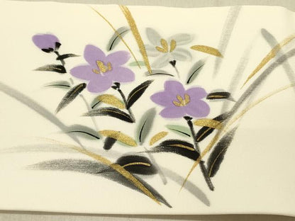平和屋着物●塩瀬　九寸名古屋帯　作家物　手描き　桔梗　金彩　正絹　逸品　未使用　DABD0031op