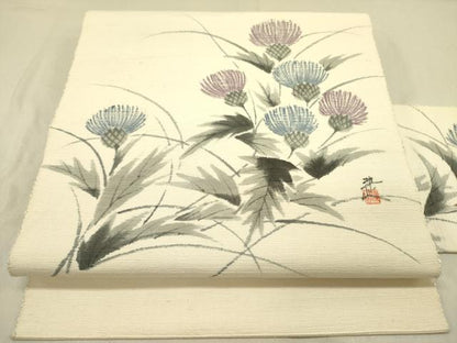 平和屋着物●八寸名古屋帯　作家物　手描き　紬地　裏菊　正絹　逸品　DABD0041op