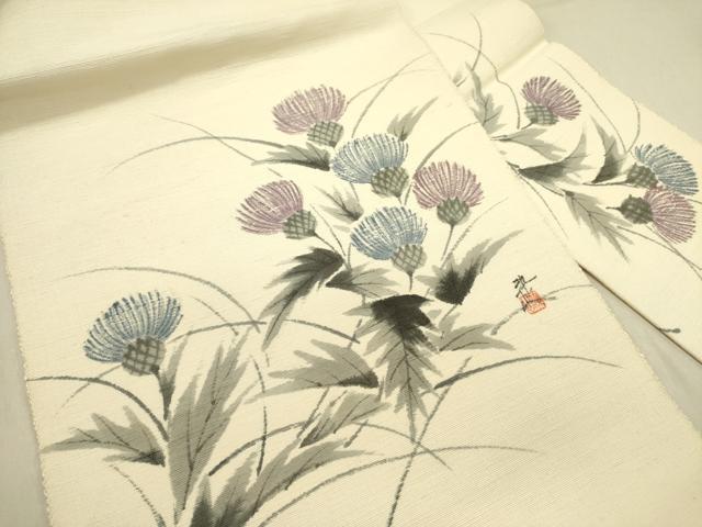 平和屋着物●八寸名古屋帯　作家物　手描き　紬地　裏菊　正絹　逸品　DABD0041op