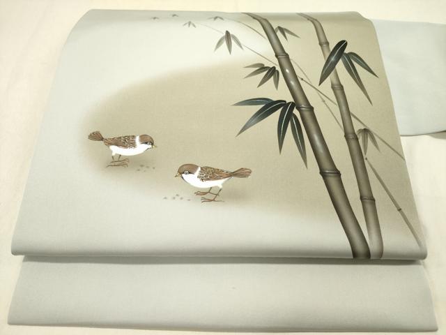 平和屋着物●立体友禅作家　涌波紅彩　塩瀬　九寸名古屋帯　雀　すずめ　笹竹文　正絹　逸品　DABD0044op