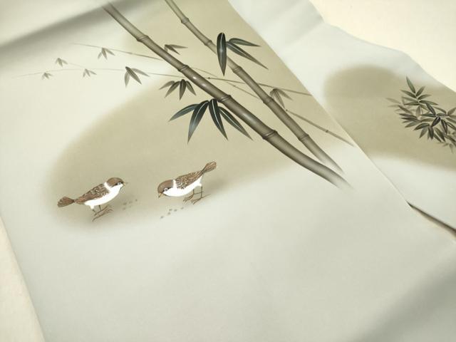 平和屋着物●立体友禅作家　涌波紅彩　塩瀬　九寸名古屋帯　雀　すずめ　笹竹文　正絹　逸品　DABD0044op