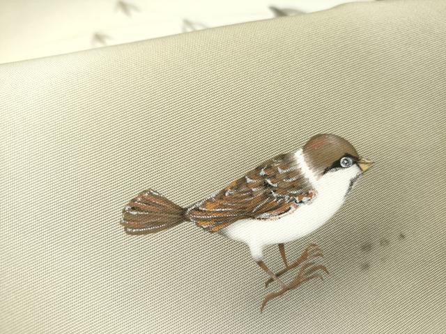 平和屋着物●立体友禅作家　涌波紅彩　塩瀬　九寸名古屋帯　雀　すずめ　笹竹文　正絹　逸品　DABD0044op