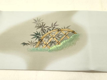 平和屋着物●立体友禅作家　涌波紅彩　塩瀬　九寸名古屋帯　雀　すずめ　笹竹文　正絹　逸品　DABD0044op