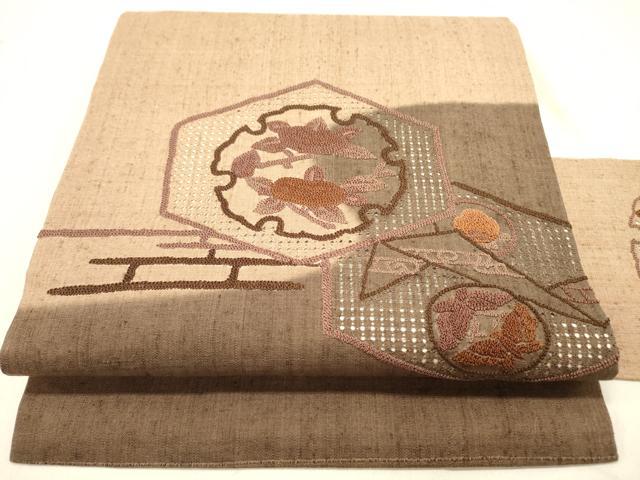 平和屋着物●中国三大刺繍　スワトウ刺繍　汕頭刺繍　相良刺繍　総刺繍　九寸名古屋帯　紬地　雪輪花文　正絹　逸品　DABD0052op