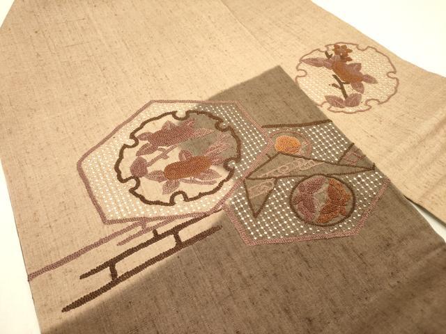 平和屋着物●中国三大刺繍　スワトウ刺繍　汕頭刺繍　相良刺繍　総刺繍　九寸名古屋帯　紬地　雪輪花文　正絹　逸品　DABD0052op