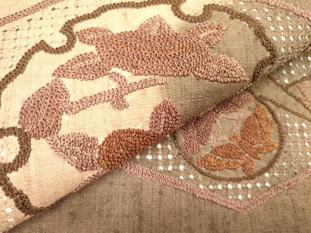 平和屋着物●中国三大刺繍　スワトウ刺繍　汕頭刺繍　相良刺繍　総刺繍　九寸名古屋帯　紬地　雪輪花文　正絹　逸品　DABD0052op