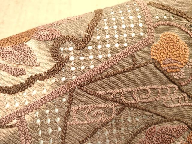 平和屋着物●中国三大刺繍　スワトウ刺繍　汕頭刺繍　相良刺繍　総刺繍　九寸名古屋帯　紬地　雪輪花文　正絹　逸品　DABD0052op