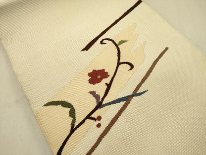 平和屋着物●八寸名古屋帯　すくい織　草花　正絹　逸品　DABD0053op