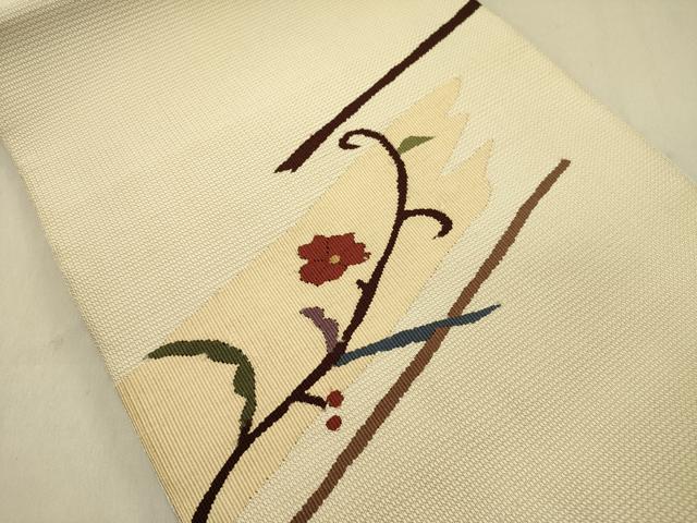 平和屋着物●八寸名古屋帯　すくい織　草花　正絹　逸品　DABD0053op