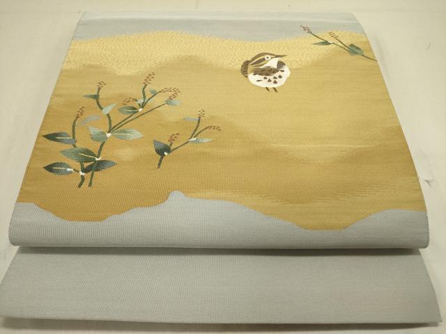 平和屋着物●爪掻き本綴れ　八寸名古屋帯　花鳥文　金糸　正絹　逸品　DABD0055op