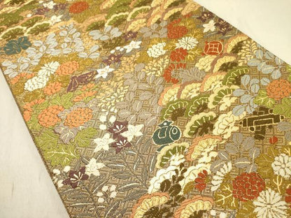 平和屋着物▼六通柄袋帯 唐織 花松文 金糸 正絹 逸品 DABD0060op